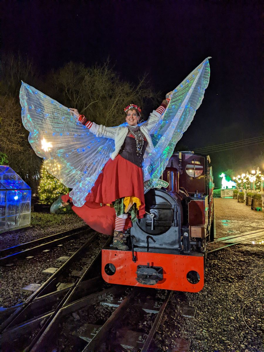 small train decorated for Christmas